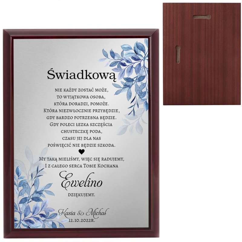 Image of Podziękowania dla świadków / Drewniany panel, srebrna tabliczka, dedykacja