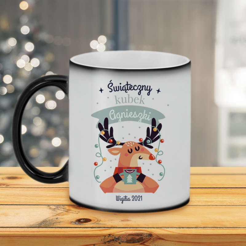 Świąteczny kubek magiczny matowy z reniferem, imieniem i zdjęciem