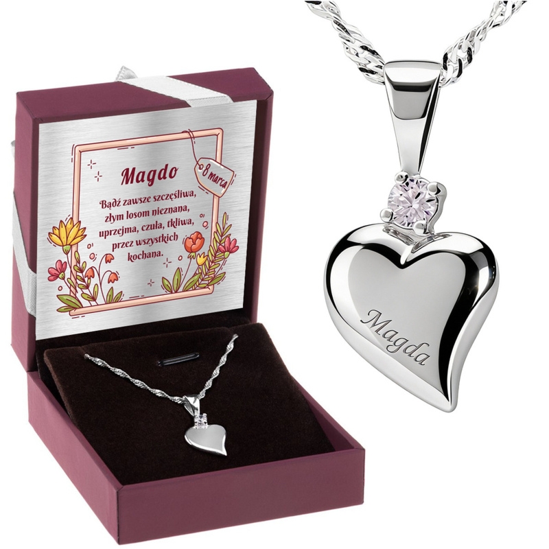 Naszyjnik serce z białą cyrkonią srebro 925 z grawerem