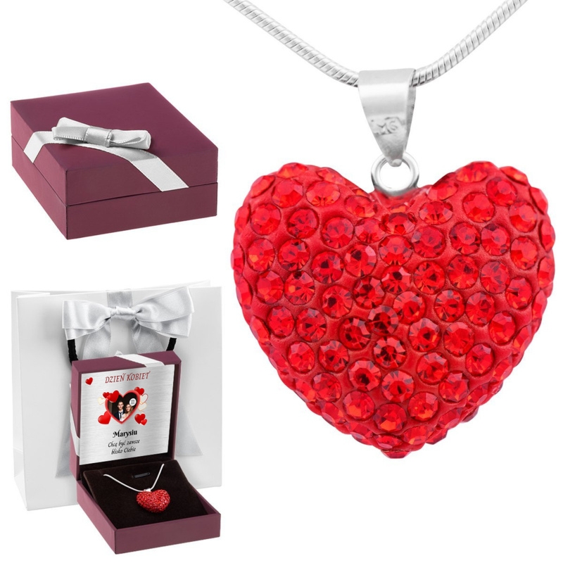 Na Walentynki: srebrny wisiorek serce 925 czerwone cyrkonie z dedykacją