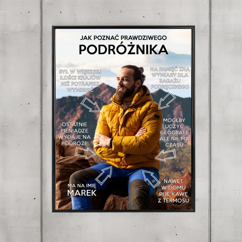Plakat dla podróżnika na urodziny z imieniem i zdjęciem w ramce