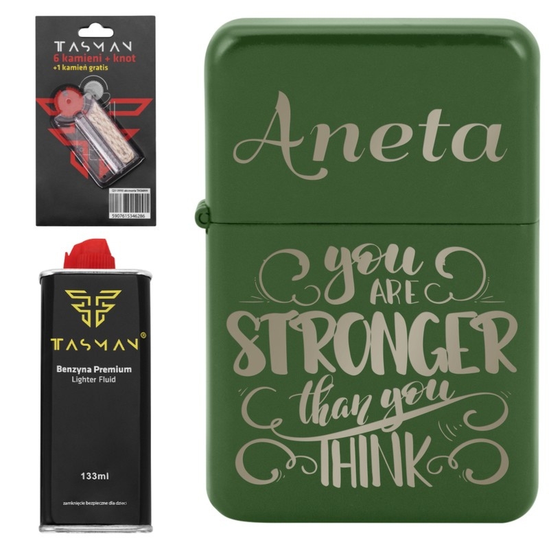 Zapalniczka benzynowa Tasman zielony-matowy z grawerem + benzyna