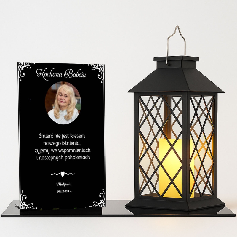 Zestaw nagrobny dla Babci – lampion LED z tabliczką personalizowaną