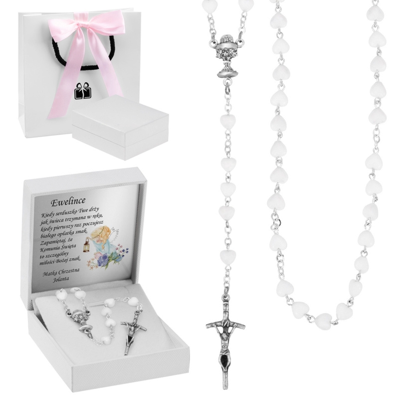 Różaniec komunijny z białymi paciorkami – elegancki prezent na I Komunię Świętą