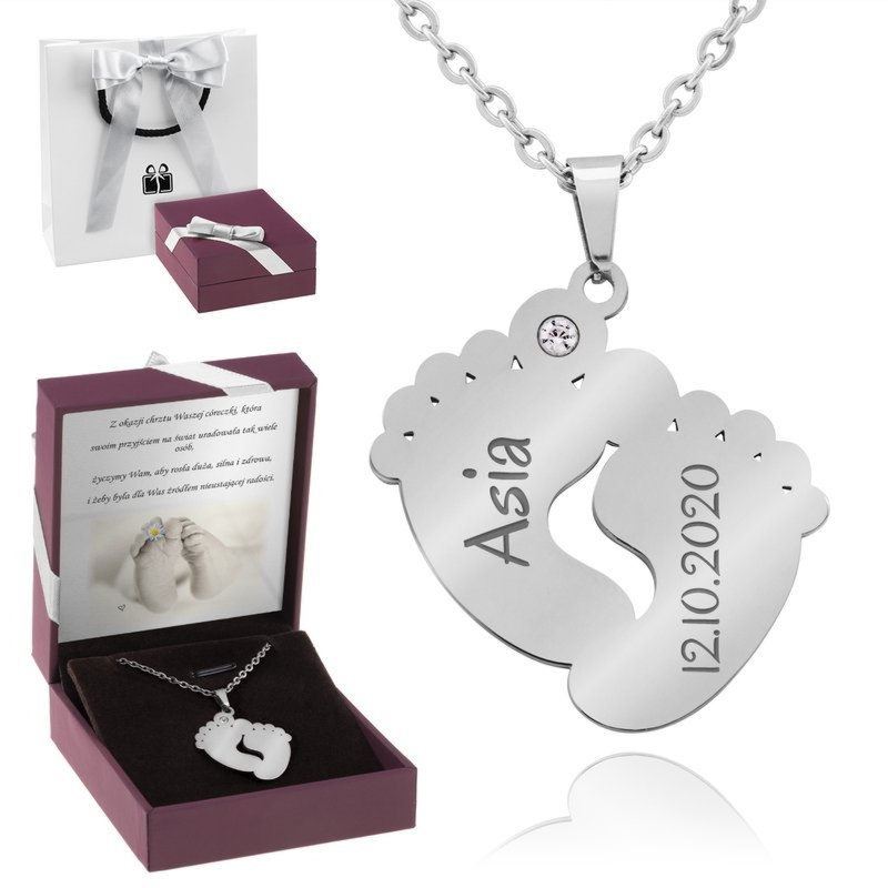 Na narodziny dziecka wisiorek stópki z cyrkonią z grawerem