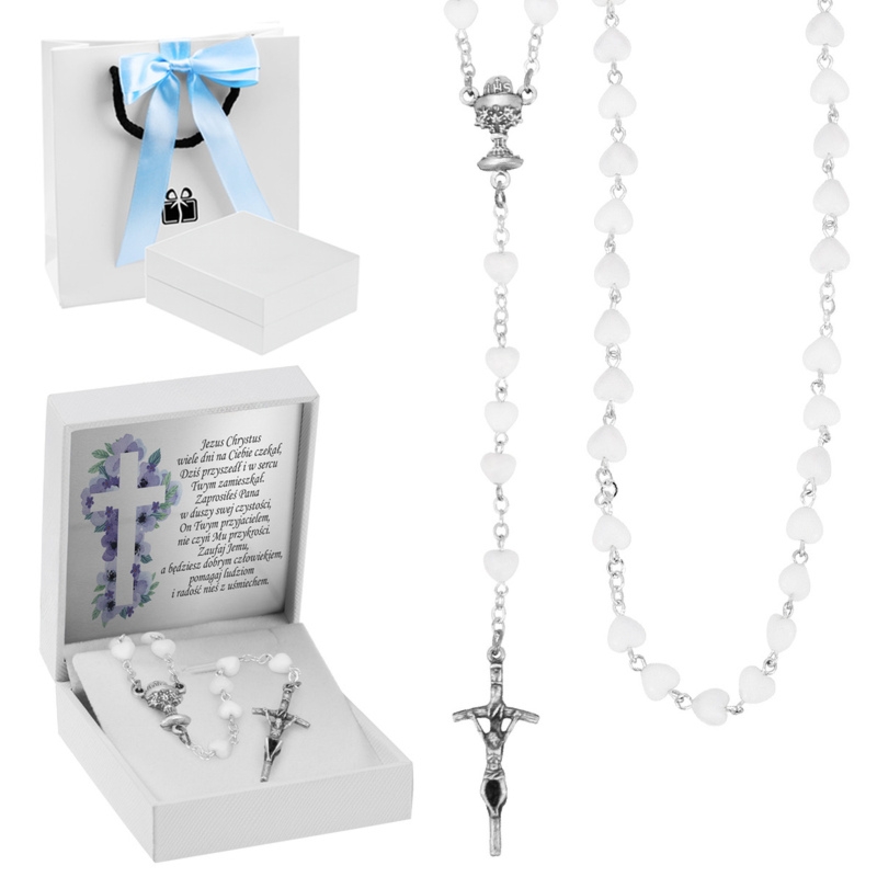 Różaniec komunijny z niebieskimi paciorkami – elegancki prezent na I Komunię Świętą