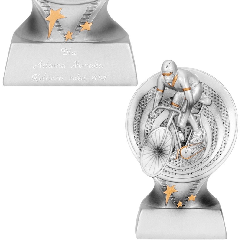 Okolicznościowa statuetka kolarza z grawerunkiem na podstawie