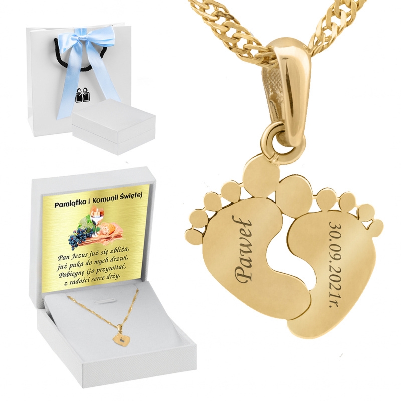 Złoty wisiorek stópki 585 z łańcuszkiem Singapur i grawerem