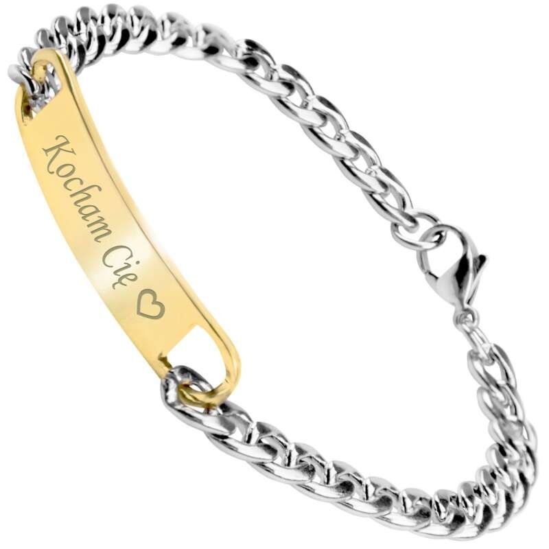 Bransoleta stalowa 316L ze złotą blaszką z grawerem laserowym