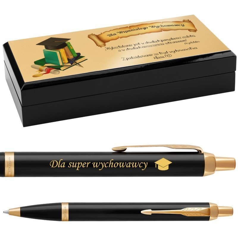 Długopis Parker IM czarny GT z grawerem i dedykacją, etui drewniane