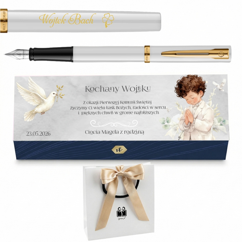 Pióro wieczne Waterman Impression biały GT z grawerem – elegancki prezent na Pierwszą Komunię Świętą