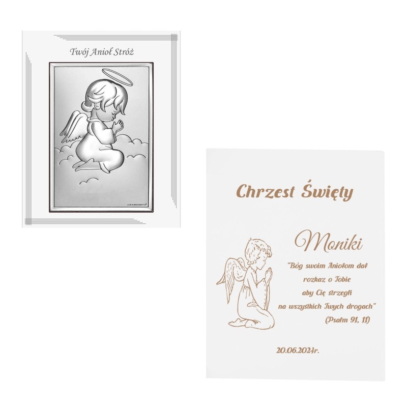 Pamiątka Chrztu: posrebrzany obrazek Aniołek PVD z grawerem