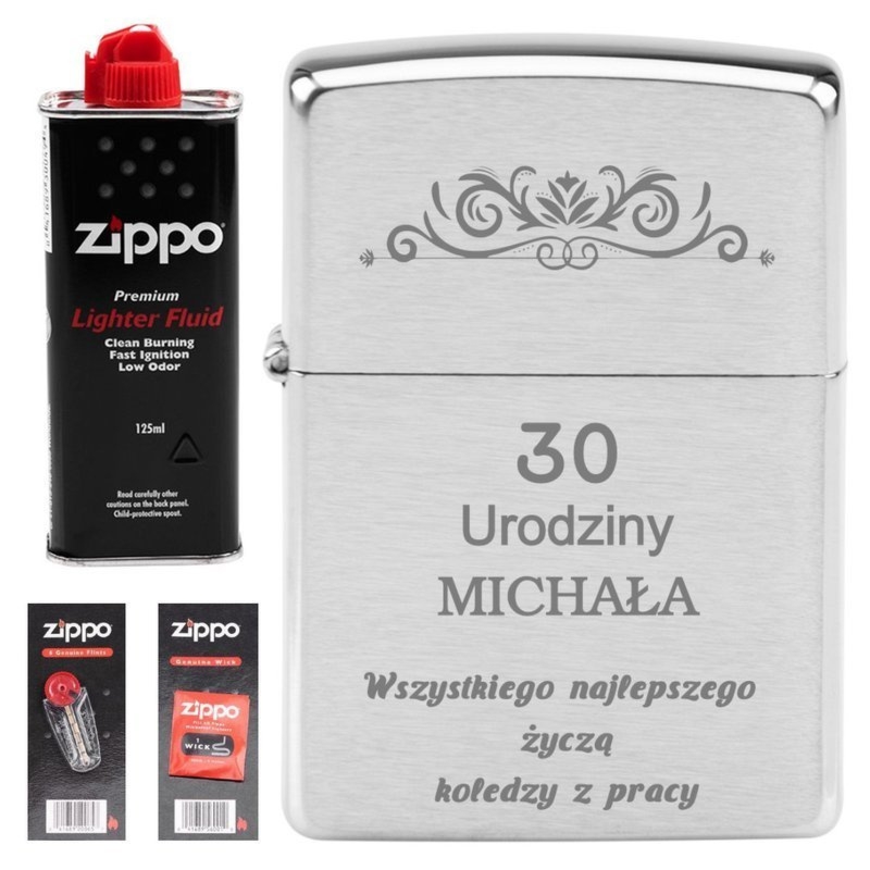 Zapalniczka Zippo 200 Brushed Chrome z grawerem, benzyna i knoty