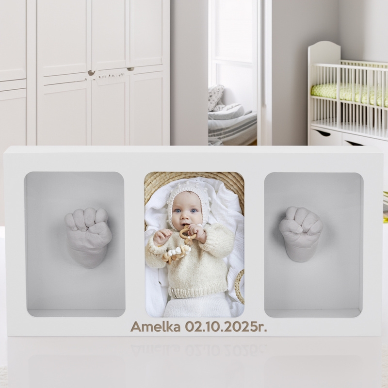 Biała potrójna ramka z zestawem do odlewów 3D – pamiątka narodzin i Chrztu