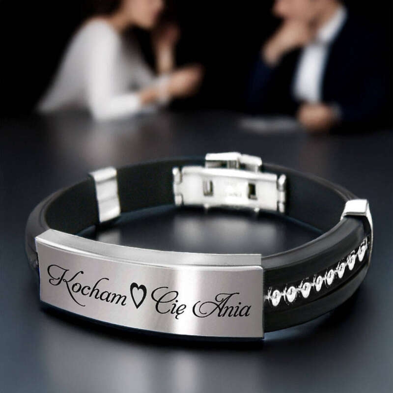 Srebrna bransoletka z kauczuku i stali 316L z grawerem