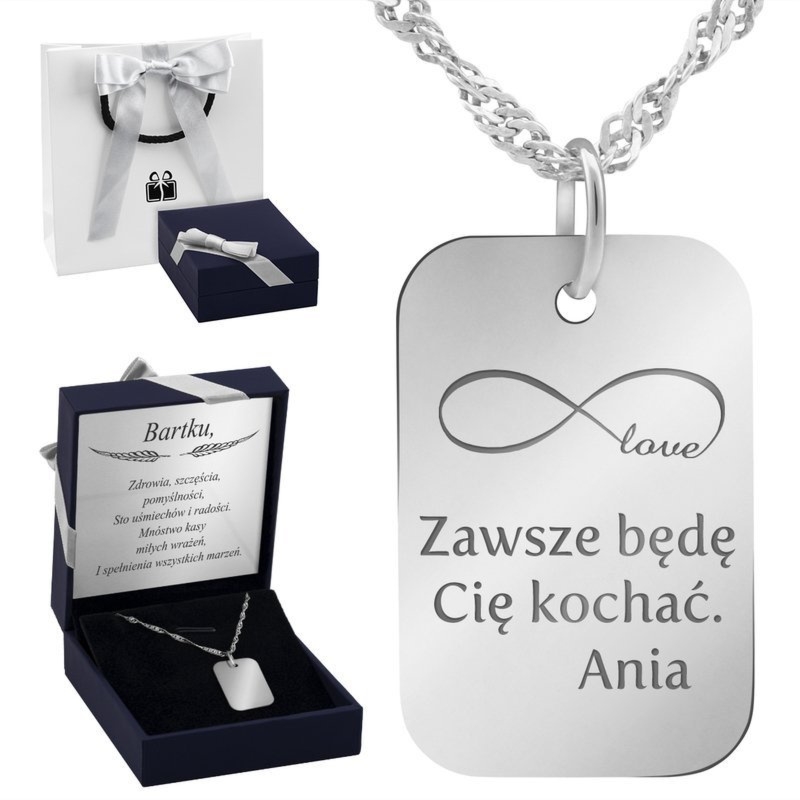 Srebrny wisiorek 925 z grawerem i łańcuszkiem singapur na prezent