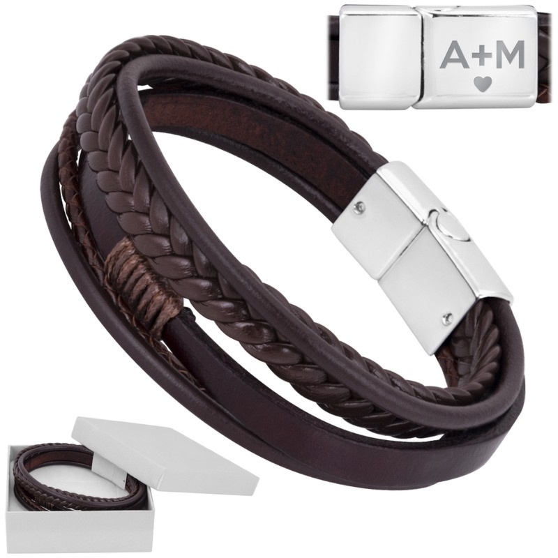 Brązowa bransoletka warkocz z ekoskóry z grawerunkiem dla niego
