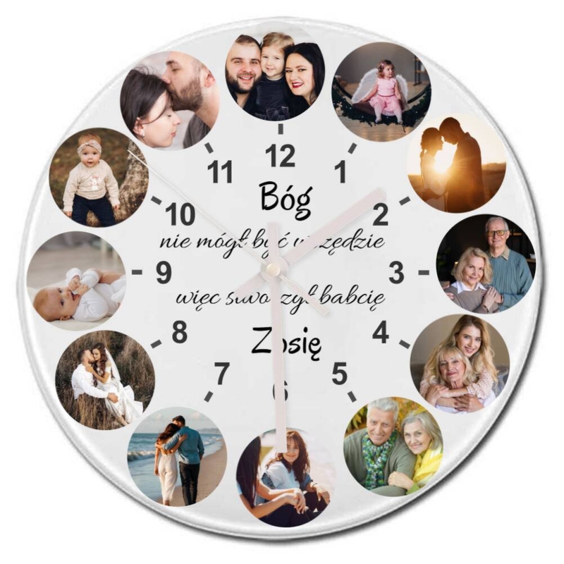 Prezent dla Babci: szklany zegar z 12 zdjęciami i własnym tekstem
