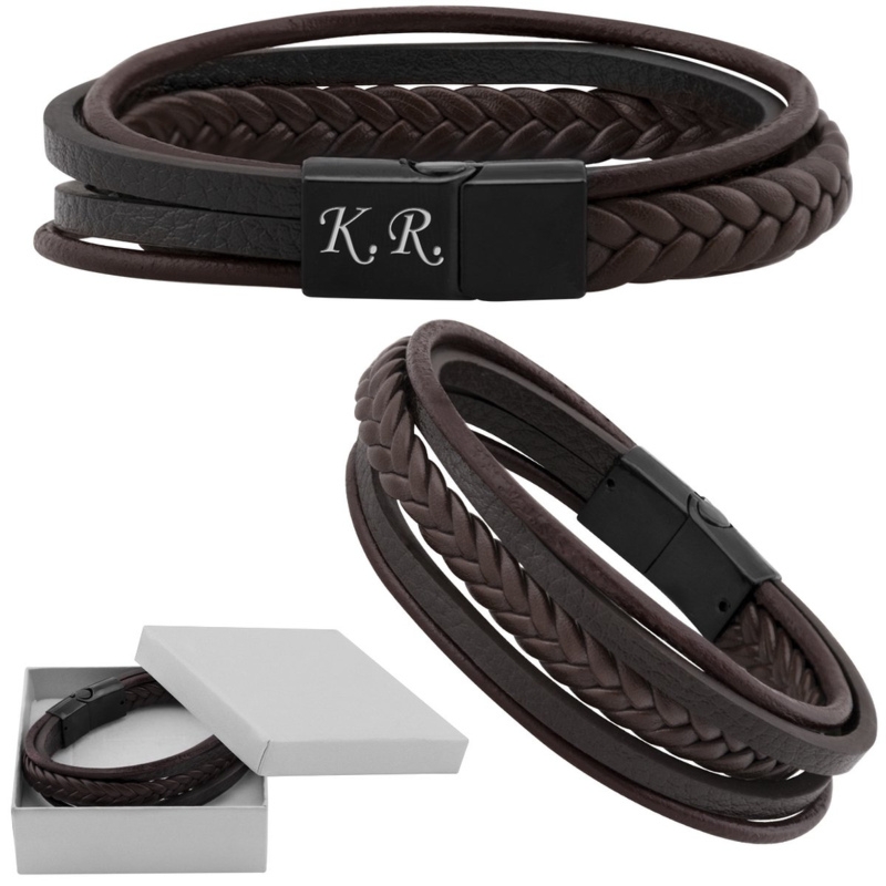 Bransoletka warkocz brązowa z ekoskóry z grawerem na walentynki 316 L