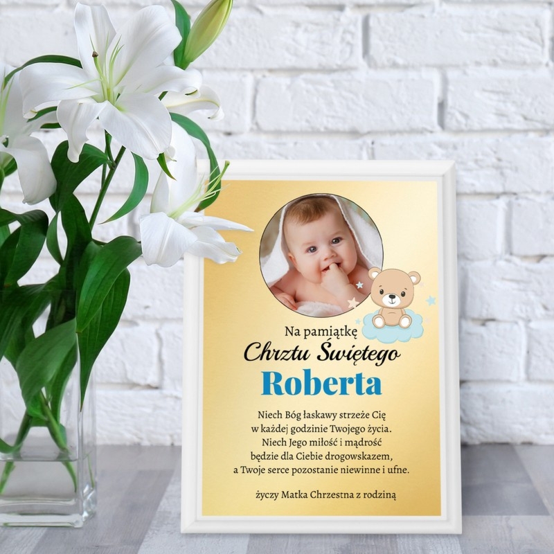Pamiątka Chrztu Świętego - Biały Podkład ze Złotą Tabliczką i Zdjęciem Dziecka