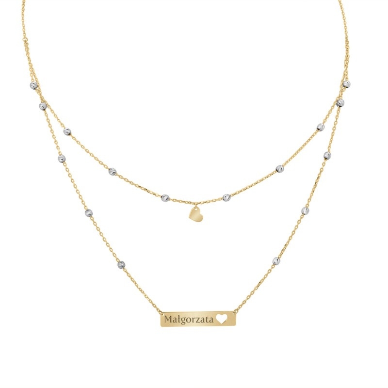 Podwójny złoty naszyjnik z koralikami i grawerem pr. 585