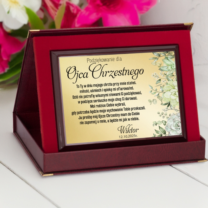 Podziękowanie dla rodziców chrzestnych / Drewniany panel, złota tabliczka, etui, dedykacja