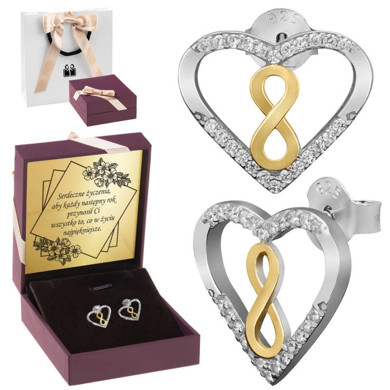 Kolczyki serca srebrne 925 z dedykacją dla żony i nieskończonością