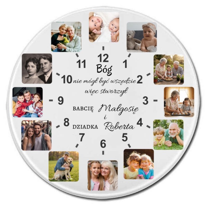 Personalizowany szklany zegar ścienny z nadrukiem UV – kolaż zdjęć