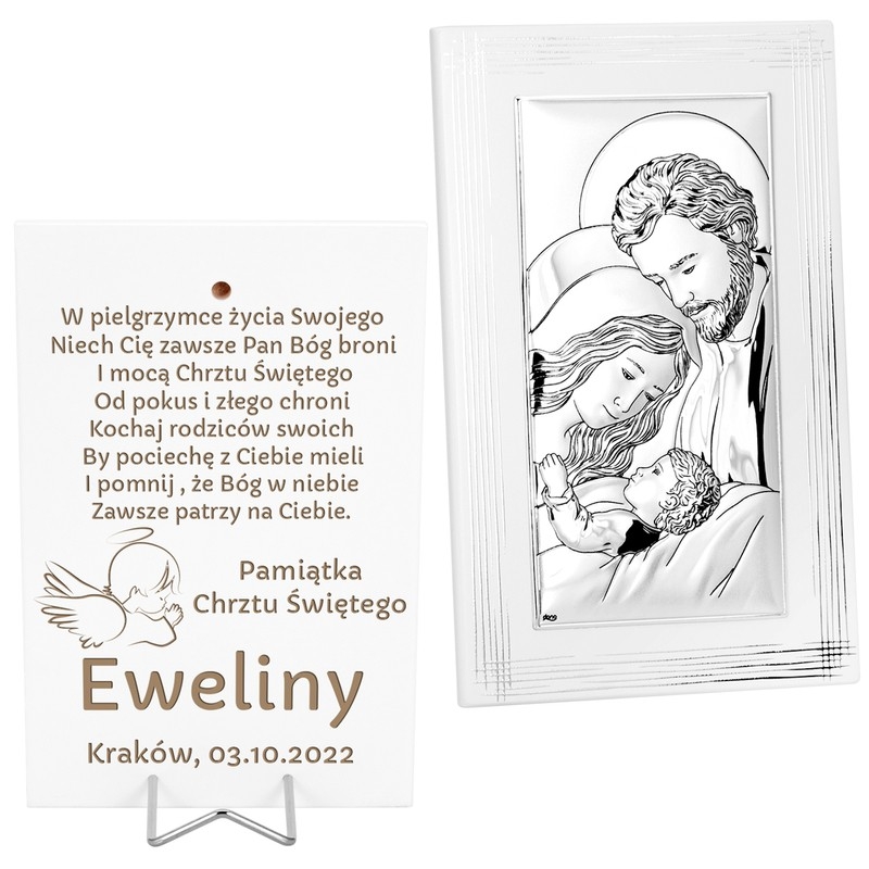 Image of Obrazek Święta Rodzina na białym drewnie / Posrebrzany prezent na chrzciny