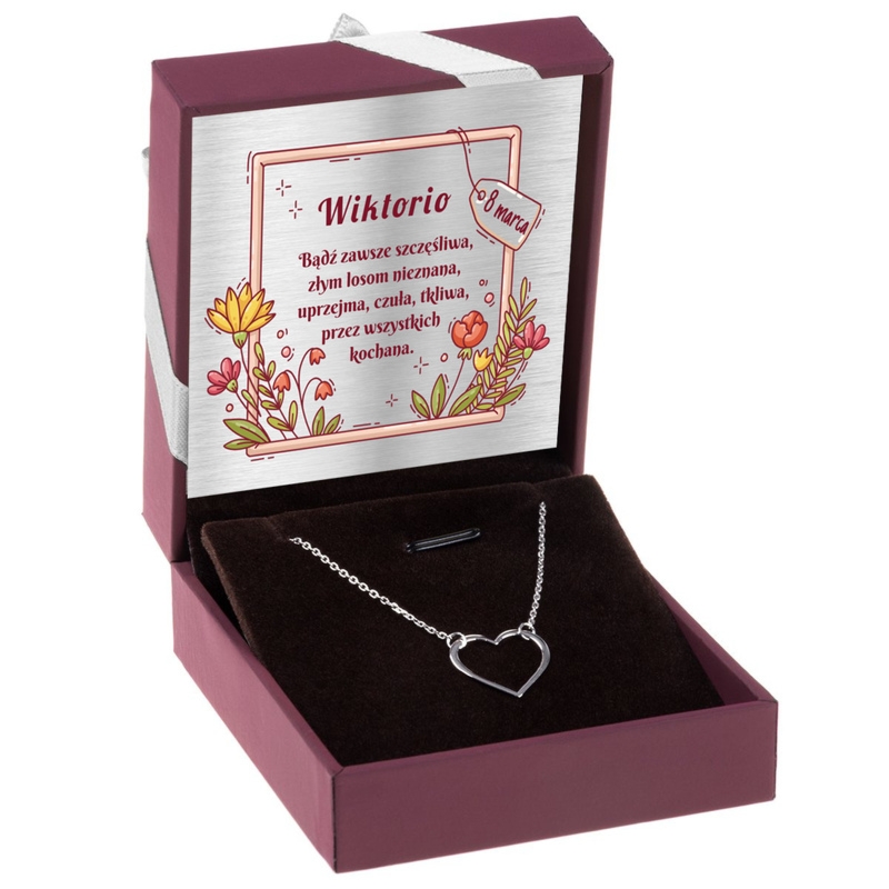 Na rocznicę: srebrny naszyjnik serce 925 z dedykacją w pudełku