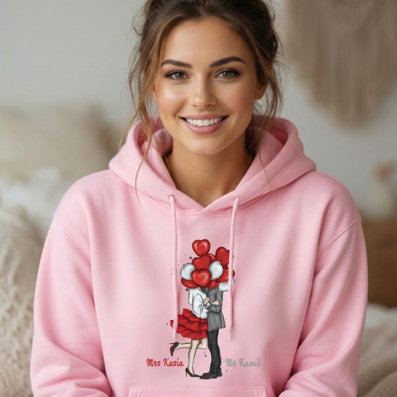 Różowa bluza dla par – personalizowana z imionami i grafiką zakochanych