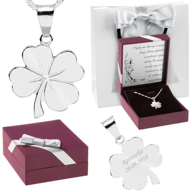 Urodziny: Srebrny wisiorek koniczynka pr. 925 z grawerem i dedykacją