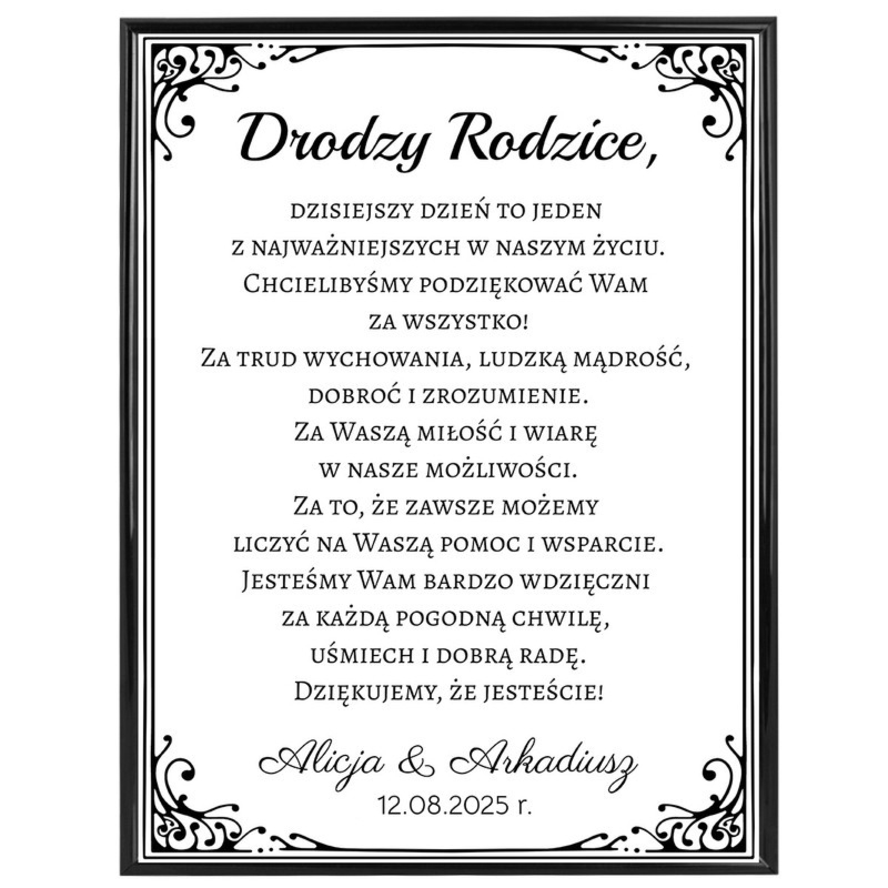 Personalizowany plakat w czarnej ramce na podziękowania rodzicom