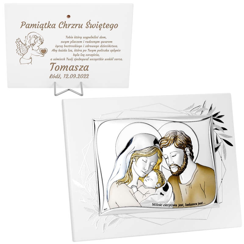 Image of Posrebrzany obrazek Święta Rodzina na białym drewnie / Prezent na chrzest