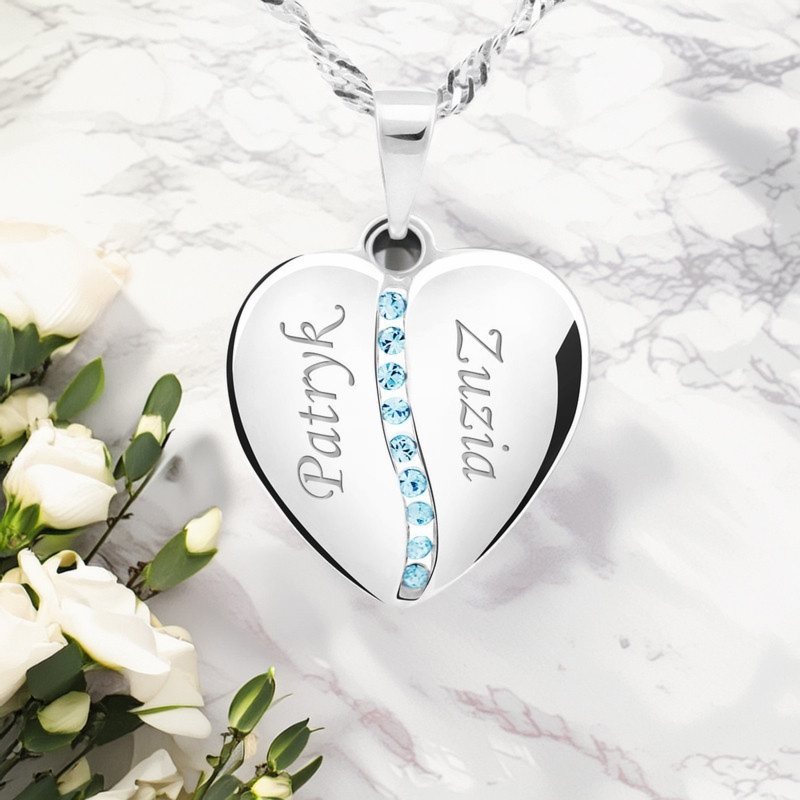 Wisiorek serce z błękitnymi cyrkoniami z grawerem i dedykacją