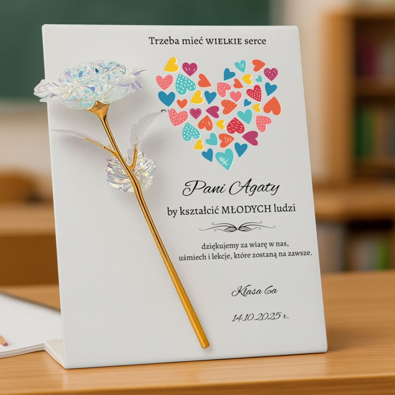 Złota róża metalowa z dedykacją na tabliczce akrylowej Personalizacja