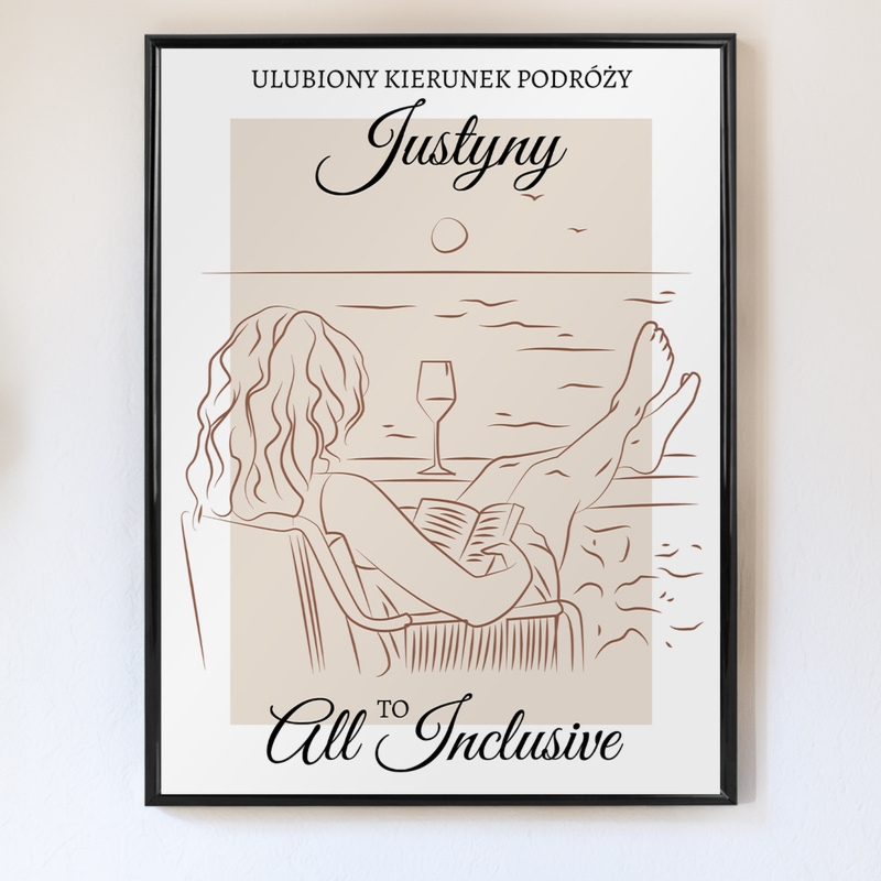 Plakat All Inclusive z imieniem w czarnej ramie dla niej