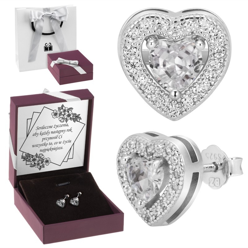 Srebrne kolczyki serce 925 z cyrkoniami i dedykacją
