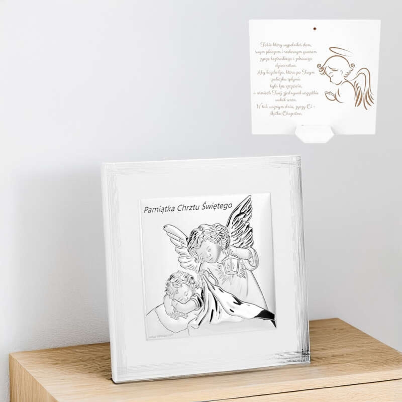 Pamiątka Chrztu Świętego: obrazek Aniołek z latarenką z grawerem