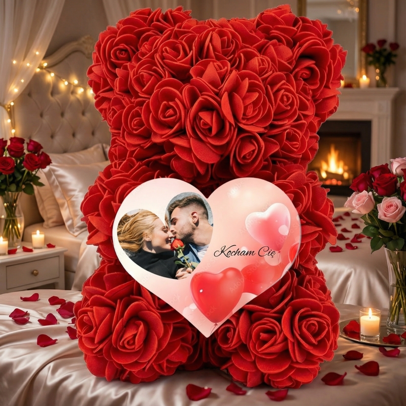 Miś z czerwonych róż ze zdjęciem i napisem „Kocham Cię” – romantyczny prezent na Walentynki