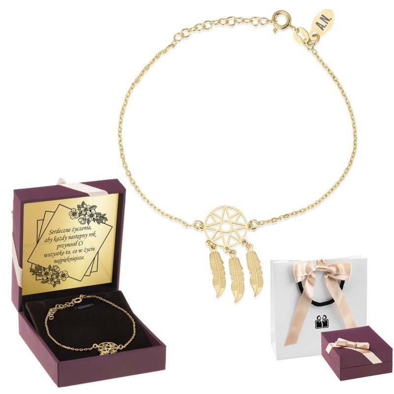 Na rocznicę pozłacana bransoletka Łapacz Snów 925 z dedykacją