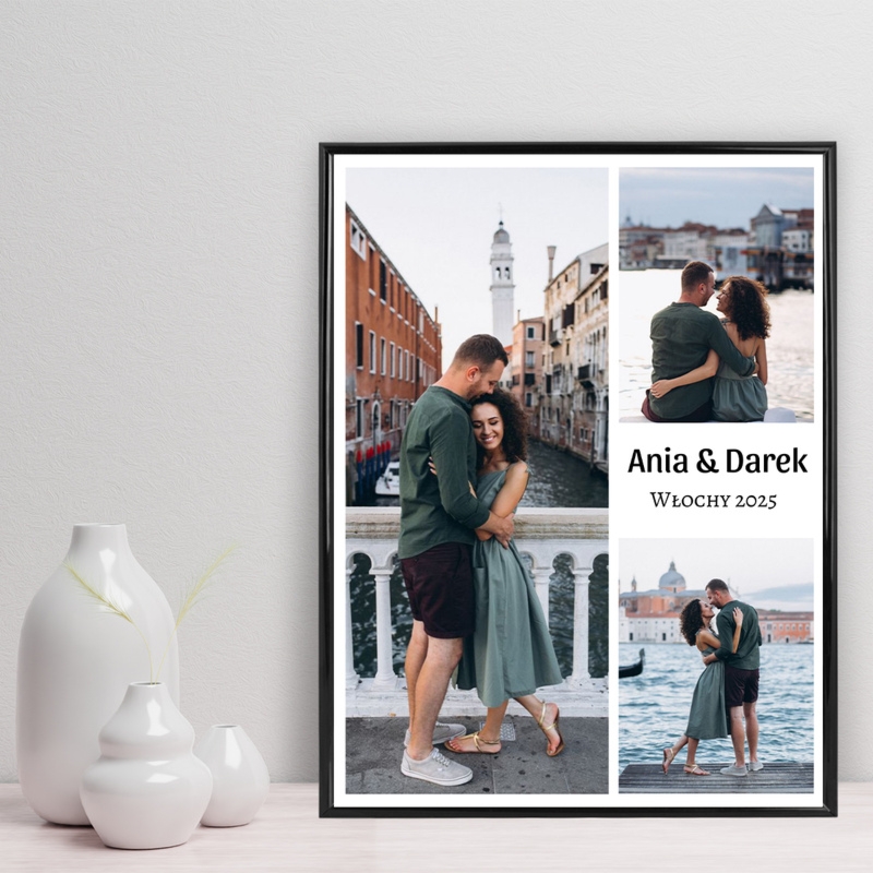 Personalizowany plakat z wyjazdu ze zdjęciami i imionami w ramie