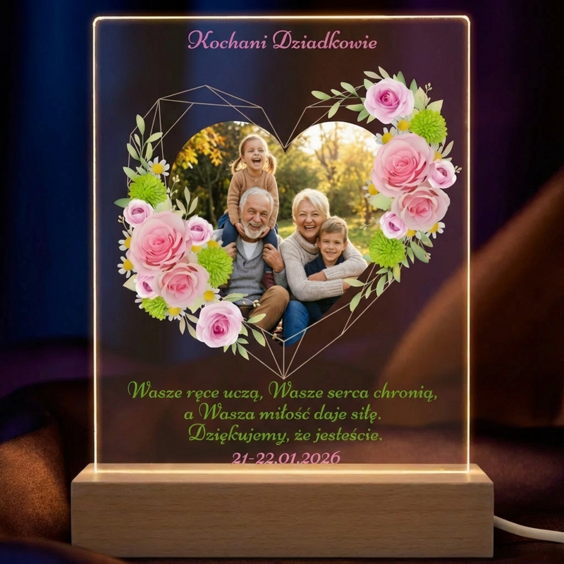 Dla Dziadków lampka LED z własnym tekstem i kwiatowym sercem