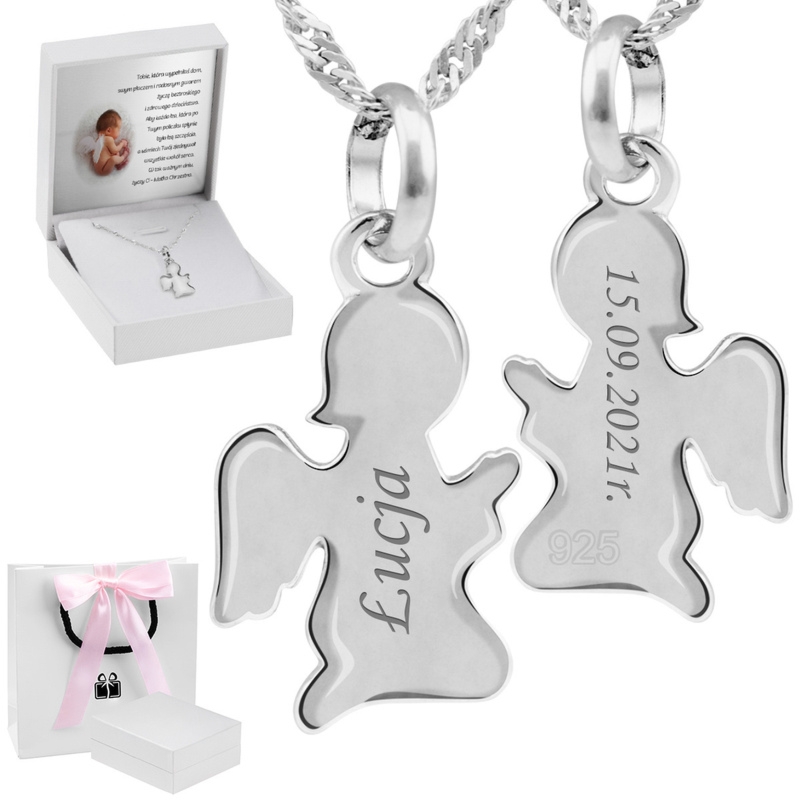 Srebrny wisiorek Aniołek pr. 925 z grawerem, dedykacją w pudełku