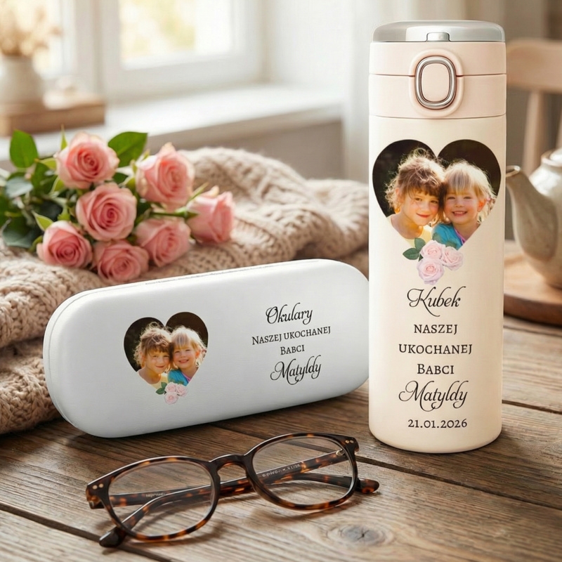 Prezent na Dzień Babci: kubek termiczny LED + etui ze zdjęciem
