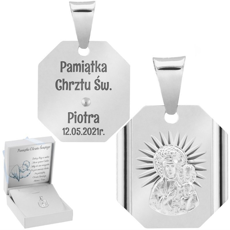 Image of Srebrny Medalik Z Matką Boską Częstochowską Grawer