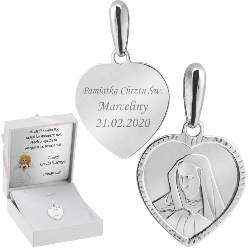 Image of Srebrny medalik Serce pr. 925 Matka Boska Grawer