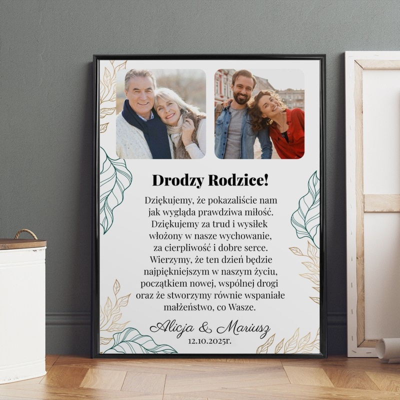 Personalizowany plakat dla rodziców z tekstem i zdjęciami w ramce