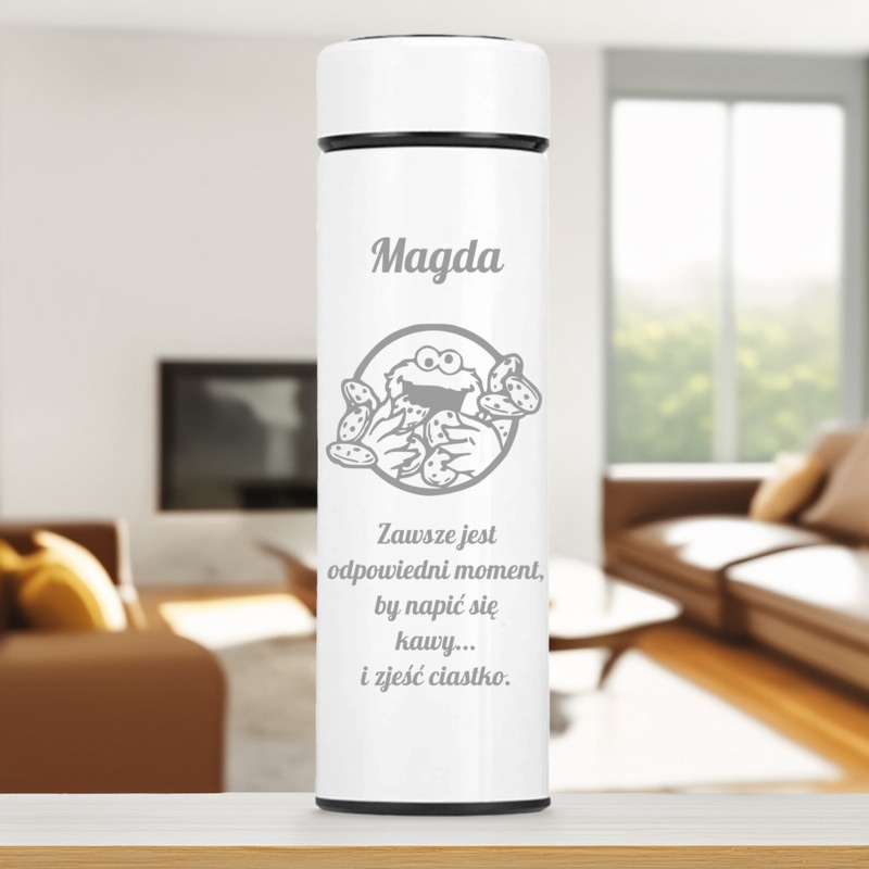 Biały kubek termiczny z wyświetlaczem LED z grawerem własnym