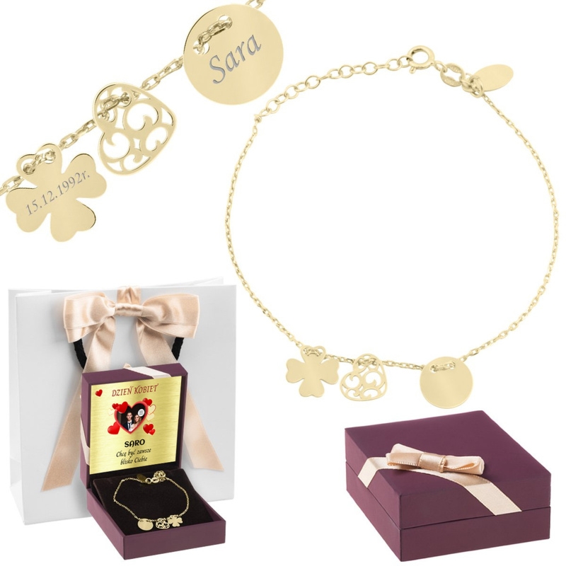 Pozłacana bransoletka pr.925 koniczynka serce kółko z grawerem